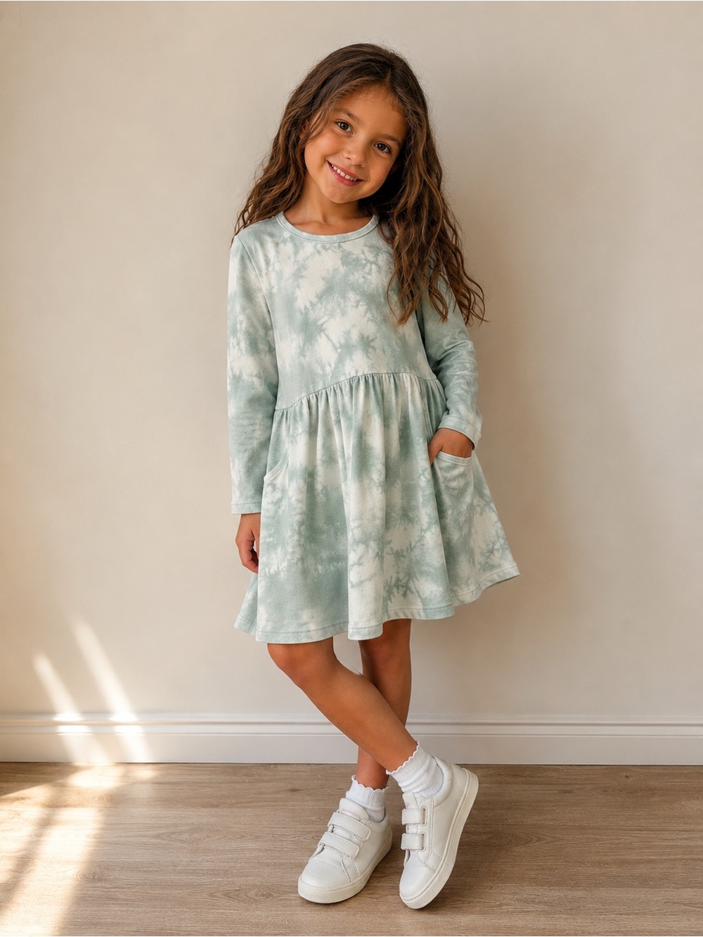 Cat & Jack Girls' Mint Tie-Dye Long-Sleeve Pocket Dress ~ size 4-5